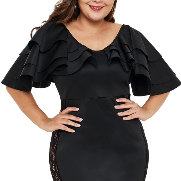 Brand New Plus Size Black Cascading Shoulder Lace Dress - Picture 4 of 4